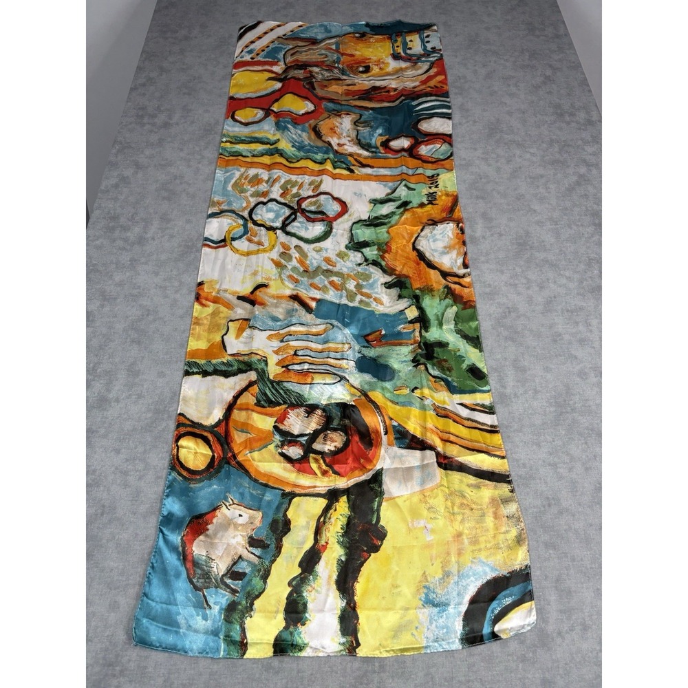 Mills 2018 Olympic Rings Horse Pig Art Silk Scarf 19.5x55 Colorful